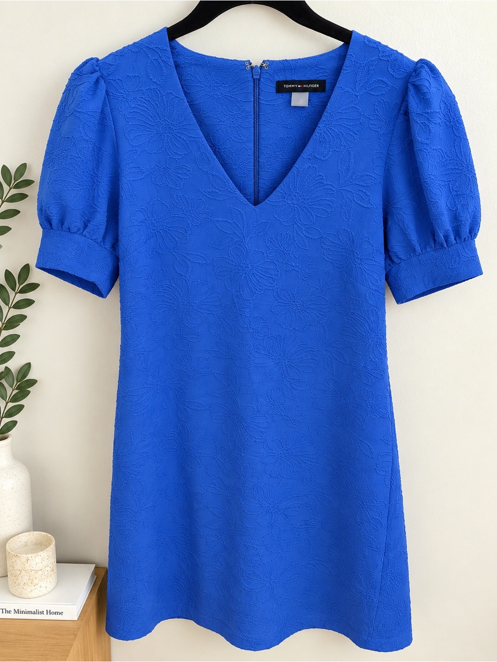 Tommy Hilfiger Cobalt Blue V-Neck Puff Sleeve Textured Dress